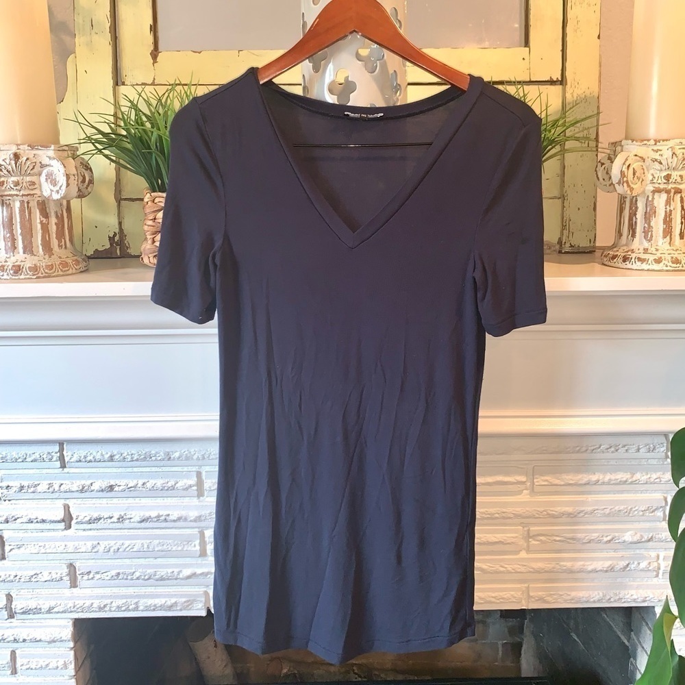 Universal Standard Navy Ribbed V-Neck Short Sleeve Tee Modal Stretch Size 6